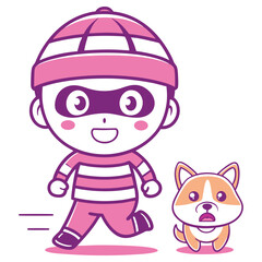 Cartoon thief running wearing striped shirt with dog on transparent background