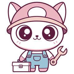 Cartoon Cat Mechanic with Toolbox and Wrench, Cute Character on Transparent