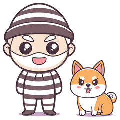Cartoon Burglar with Mask and Striped Outfit Standing Beside a Shiba Inu Dog