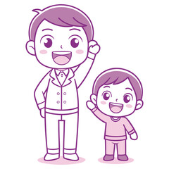 Smiling Asian Father in Suit With Son Waving Hand Cartoon Isolated on White