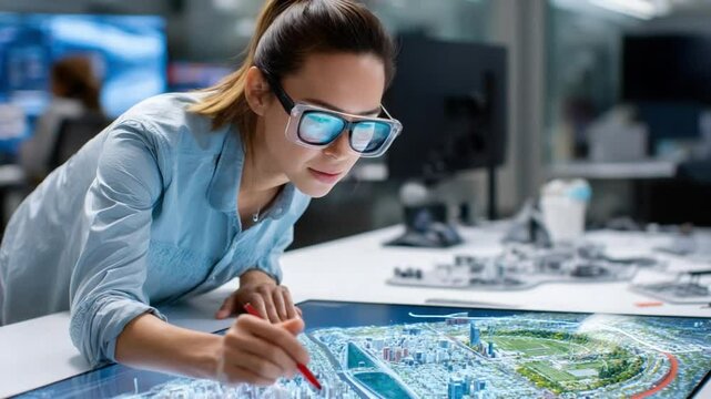 Focused on the Details: A female architect or engineer diligently reviews intricate plans using a stylus pen, showcasing her dedication and precision in the design process.