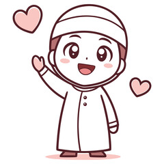 Cartoon Arab Boy Waving Hand with Hearts, White Traditional Clothes, Transparent