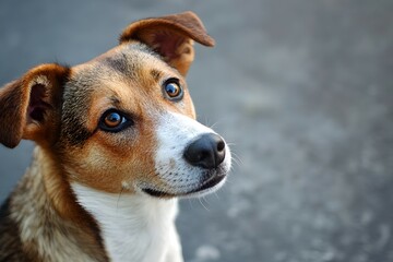 Obraz premium Dog with brown and white fur looking up against a blurred gray background.