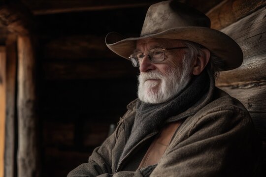 Mature man in cowboy attire contemplates within a rustic cabin.