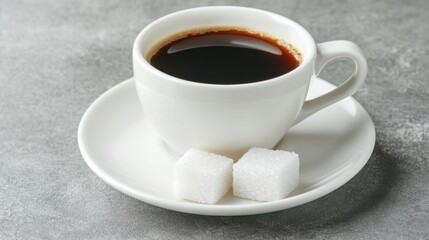 Coffee in White Cup on Plate with Sugar Cubes on Gray Background