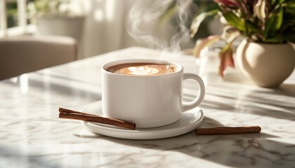 Steam rises from a latte art coffee cup on a marble table.