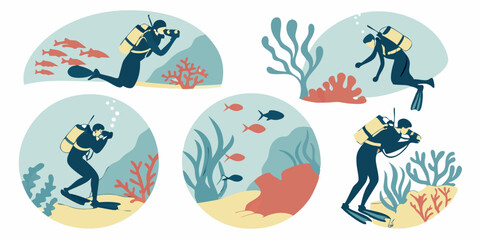 Colorful Scuba Diving Underwater Illustration of Fish and Coral