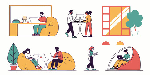 Fototapeta premium Modern Coworking Office Space Vector Illustration Diverse People Working Laptops Desks Bean Bags Standing Desk Flexible Work Environment