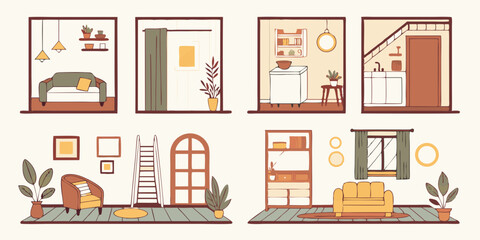 Flat Vector Home Interior Design Rooms Furniture Illustration Set