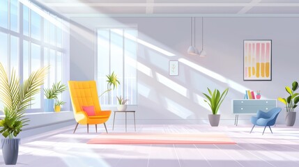 Fototapeta premium Minimalist living room design modern home digital art bright environment interior view colorful aesthetics