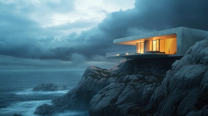 Coastal clifftop house at twilight, a dramatic seascape.