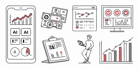 Hand-Drawn Vector Illustration of Data Analytics Dashboards Charts Graphs and AI Labels on Mobile Computer Clipboard and Person with Laptop for Business Technology