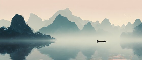 A boat is floating on a lake in front of mountains