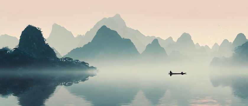 A boat is floating on a lake in front of mountains
