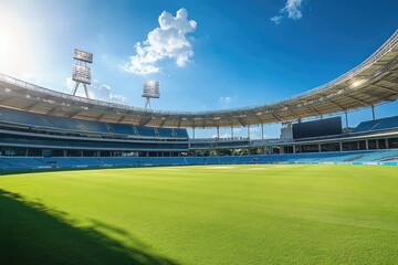 Empty stadium under a vibrant blue sky