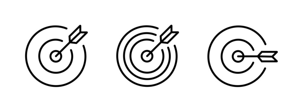 Target icon. Target with arrow icon set. Arrow hits the target. Archery target with arrow. Vector illustration
