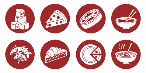 Red Circular Food Icons Sushi Pizza Tomato Soup Shrimp Croissant Noodles White Outline Restaurant Graphics