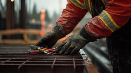 A construction worker’s hand arranges tools neatly on a workbench, preparing for a productive day on-site.