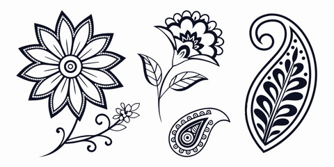 Intricate Black and White Floral Paisley Henna Designs Line Art Flower Leaf Stem Indian Style Vector Illustration for Textile Print Fabric Design Pattern