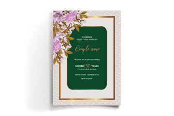 WEDDING INVITATION FRAME WITH FLOWER DECORATIONS AND FRESH LEAVES