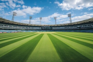 Cricket stadium, pristine green field, sunny day