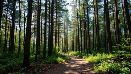 Obraz premium Forest Path Through Tall Trees, Nature Photography