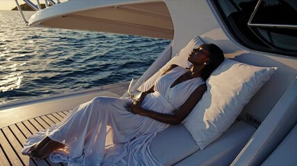 A relaxed black woman enjoys her vacation on a luxury yacht. She lounges on soft cushions, dressed in an elegant white gown. The shimmering sea reflects the sunset