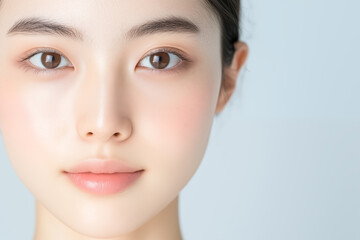 Obraz premium Close-up portrait of young Japanese woman with flawless skin and soft natural makeup