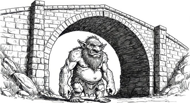 Black and White Sketch of a Troll Under a Bridge