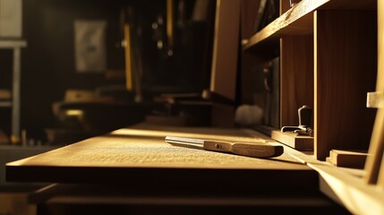 Carpenter cutting wood for a custom bookshelf. Featuring skill and attention to detail