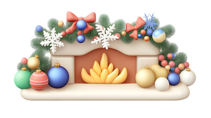 Obraz premium 3D Illustration of a Festive Christmas Fireplace with Ornaments in White Background