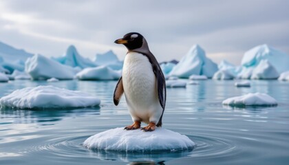 Obraz premium Gentoo penguin standing on iceberg in antarctic waters wildlife photography natural environment serene view