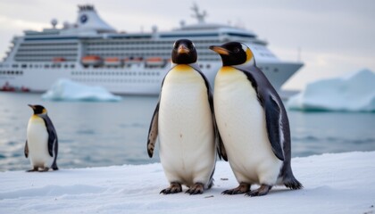 Fototapeta premium Penguins in front of luxury cruise ship antarctic waters wildlife photography icy environment close-up view nature conservation