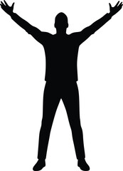 Black silhouette of a person standing with arms raised and spread wide, expressing victory, joy, or a welcoming gesture in minimalistic design