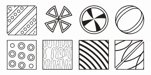 Black and White Geometric Line Art Patterns Squares Circles Curves Vector Art Illustration