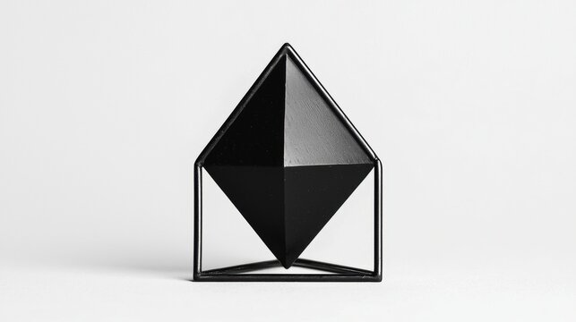 A black geometric sculpture with a triangular base and a square base.