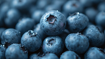 Close-up of a Pile of Blueberries with Water Droplets