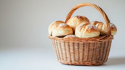Freshly Baked Bread Rolls in a Woven Basket on White Background