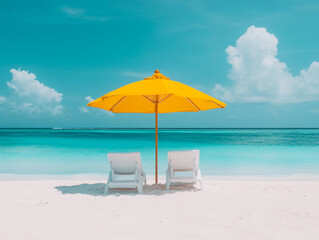 Two chairs and a yellow umbrella on a pristine white sandy beach overlooking clear turquoise waters  under a bright blue sky with fluffy white clouds
