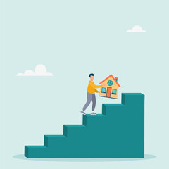 Obraz premium Real estate that grows. Character holding house on growth chart. Vector illustration.