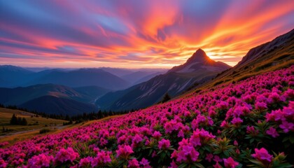 Sunset over mountain landscape with vibrant pink flowers nature photography outdoor serenity