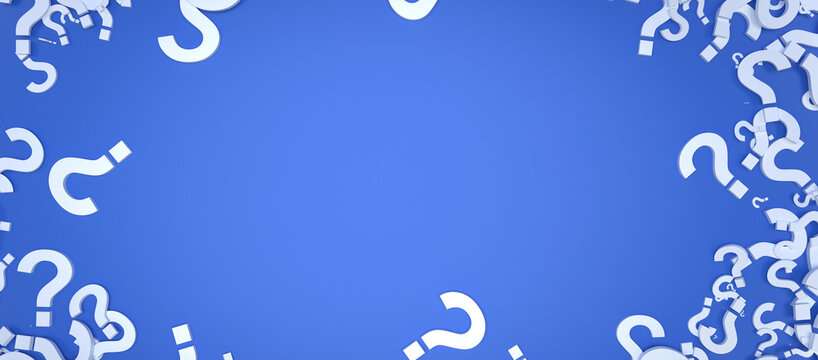 White 3d question marks forming a frame on a blue background with copy space