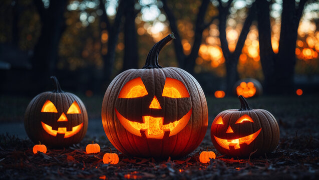 Jack O Lanterns Glowing On Autumn Night Halloween Season Celebration