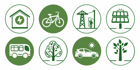 Green Circle Eco Icons Set House with Lightning Bolt Bicycle Electricity Pylon Solar Panels Bus Tree Car with Sun Sapling - Environment Sustainability Renewable Energy Eco-Friendly Transportation