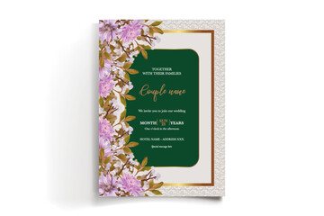 WEDDING INVITATION FRAME WITH FLOWER DECORATIONS AND FRESH LEAVES