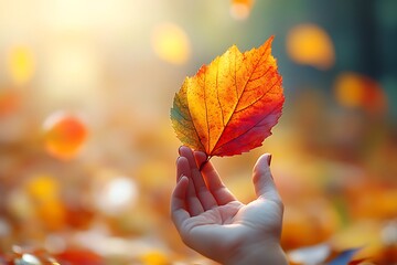 Hand Holding Fall Leaf with Bokeh Lights, Orange, Red, and Yellow Autumn Foliage