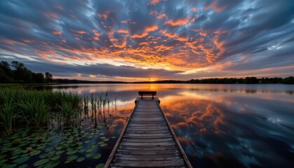Naklejka premium Breathtaking sunset reflection over calm lake serene landscape nature photography tranquil environment wide-angle view