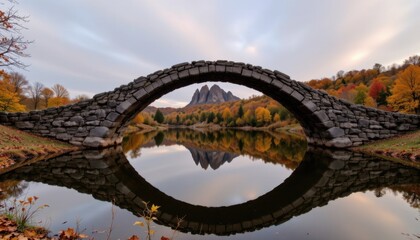 Obraz premium Autumn reflection bridge mountain lake aesthetic photography calm landscape scenic view nature's beauty
