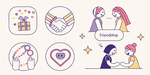 Friendship Icons and Illustrations: Gift Box, Handshake, Talking Girls, Friendship Bracelet, Heart with Face, Holding Hands - Vector Set for Web, Social Media, and Design