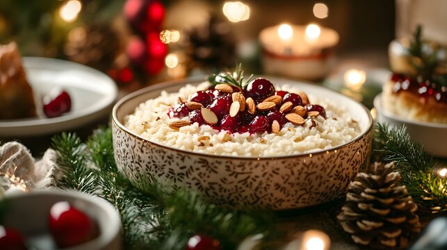 Captivating Scenic Danish Christmas Table Overflowing with Delicious Rice Pudding and Dazzling Festive Lights